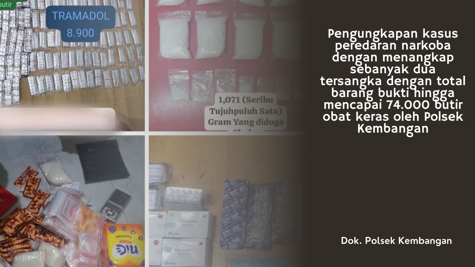 Polsek Kembangan Ringkus Dua Pengedar, Sita 1 Kg Sabu dan 74 Ribu Obat Keras